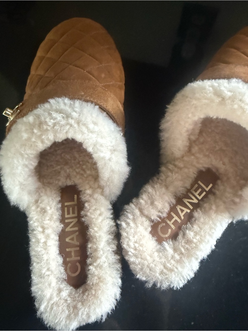 CHANEL Quilted Suede Shearling-Trim Clogs in Chestnut - Picture 2 of 3